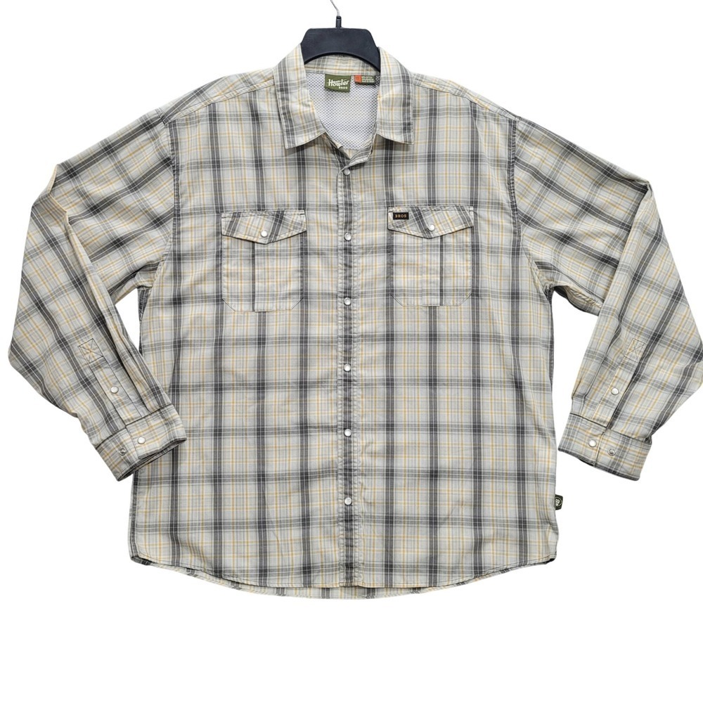 Howler Bros Mens XL Grey Yellow Plaid Pearl Snap Mesh Back Long Sleeve Shirt